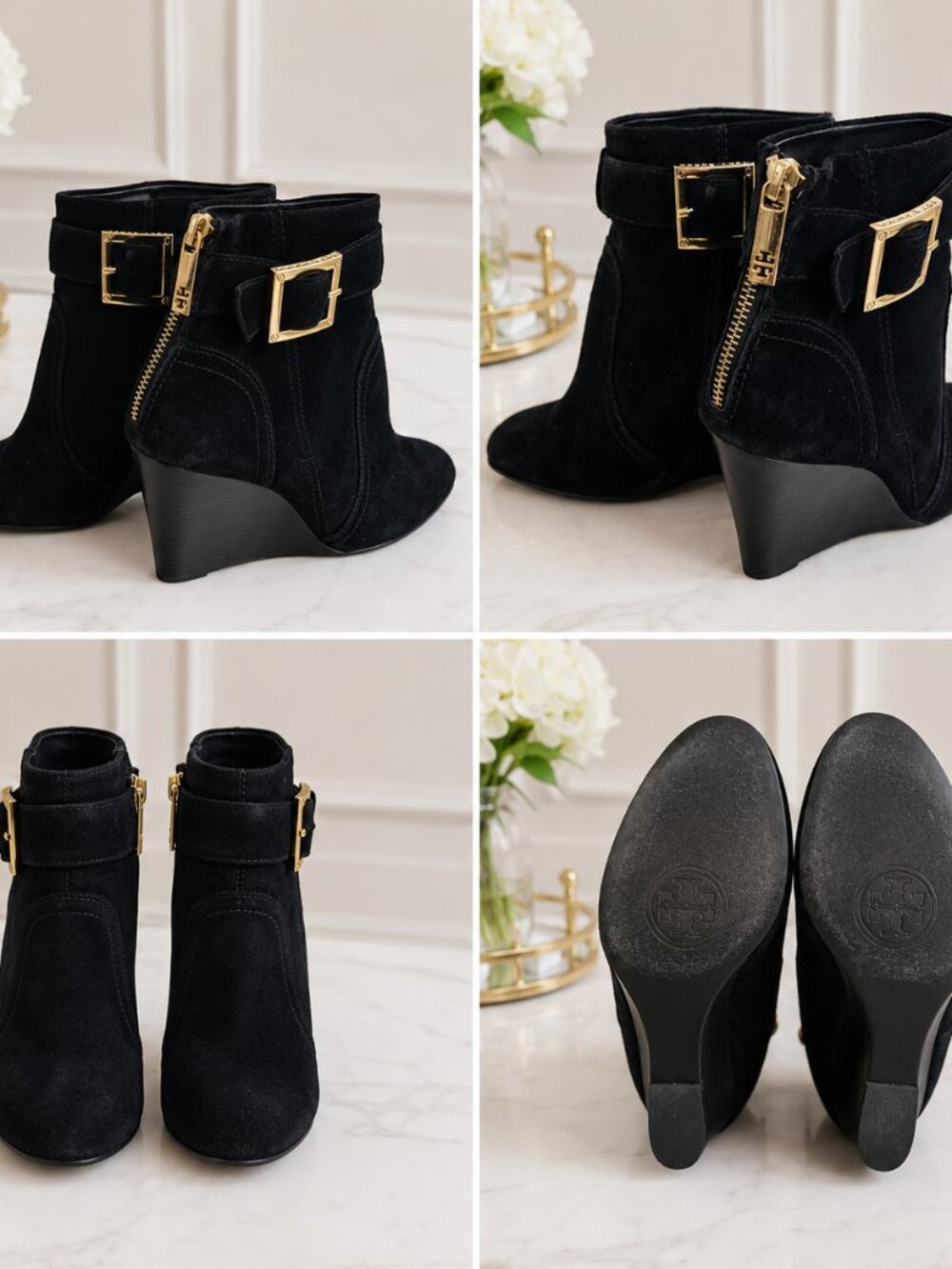 Tory Burch Black Suede Wedge Ankle Booties Gold Buckle Side Zip Size 8M